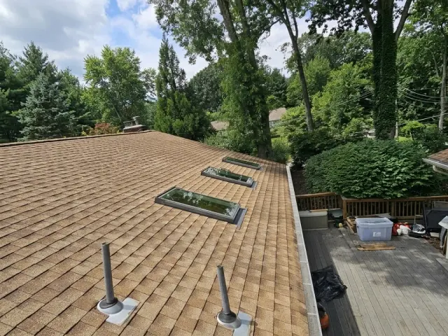 Three skylights and two plumbing vent boots on a tan shingle roof