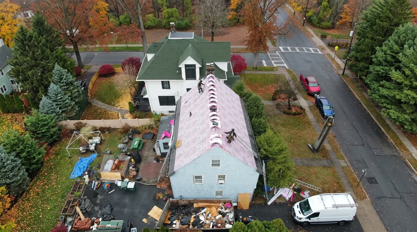 Roofers working over new synthetic underlayment on a two-story New Jersey home, with the torn-off shingles in a dumpster below
